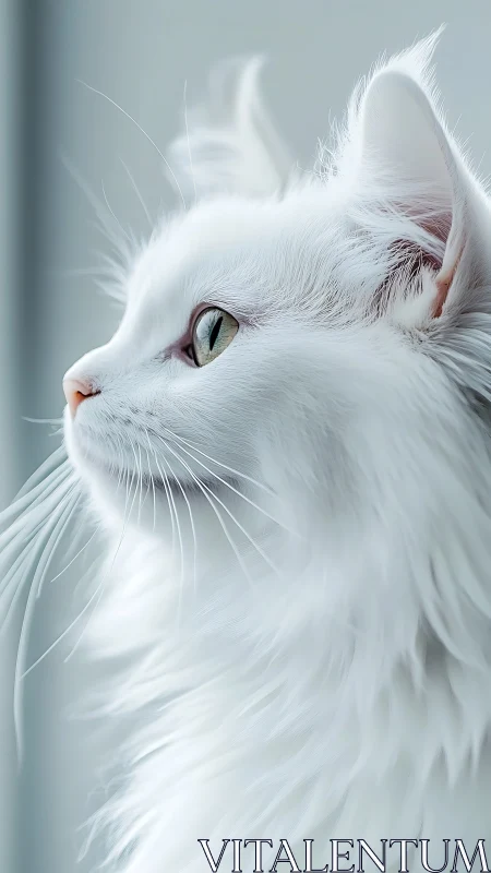 White Long-Haired Cat Portrait with Green Eyes.