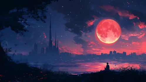 Solitary watcher gazes at neon red moon above twilight city