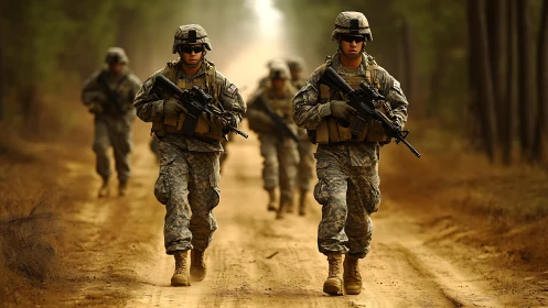 Soldiers on forest trail in full combat gear formation.