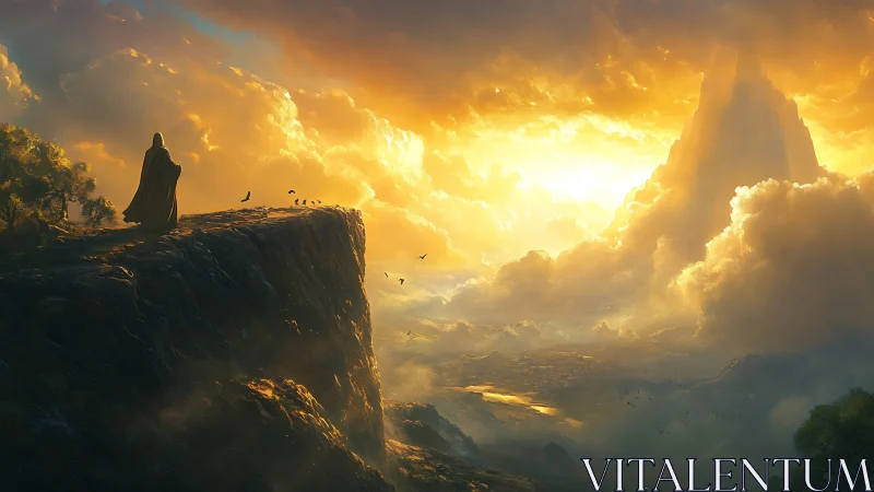 Cloaked wanderer overlooking radiant mountain sunrise.