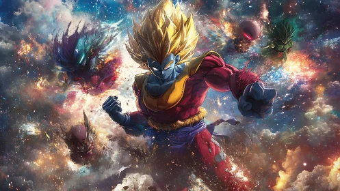 Saiyan warrior charges through cosmic battlefield storm