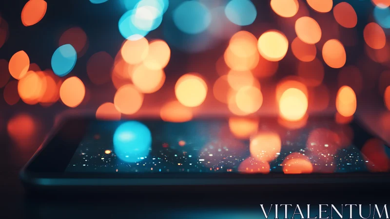 Tablet screen under vibrant bokeh city lights glow.