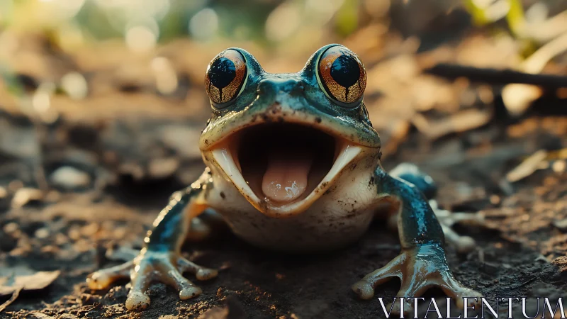 Macro portrait of vibrant frog with wide open mouth on forest floor.