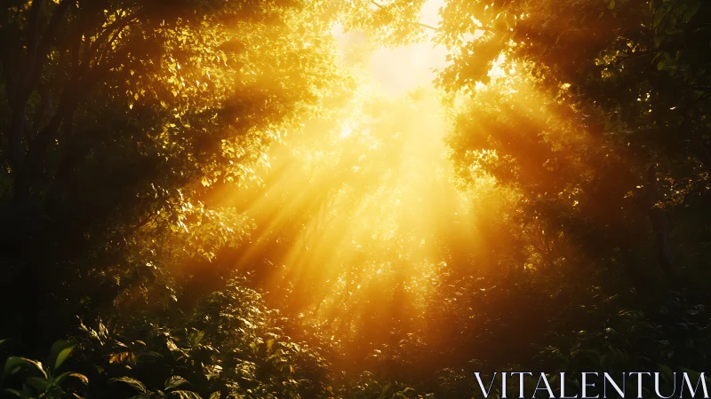 Sunlight streams through dense green forest canopy at dawn