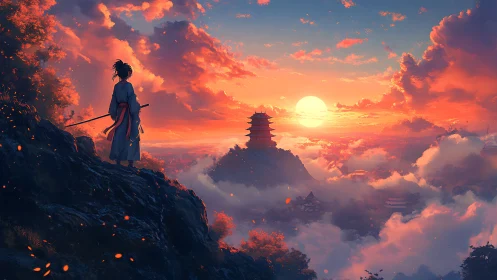 Sunset samurai gazes over misty mountains in quiet wonder