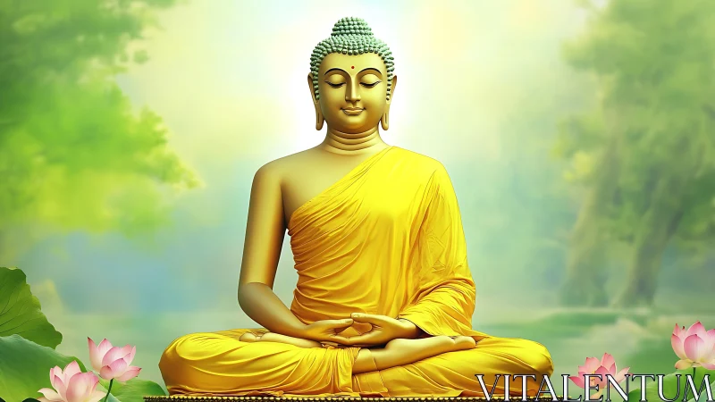 Golden Buddha statue sits in serene lotus meditation pose