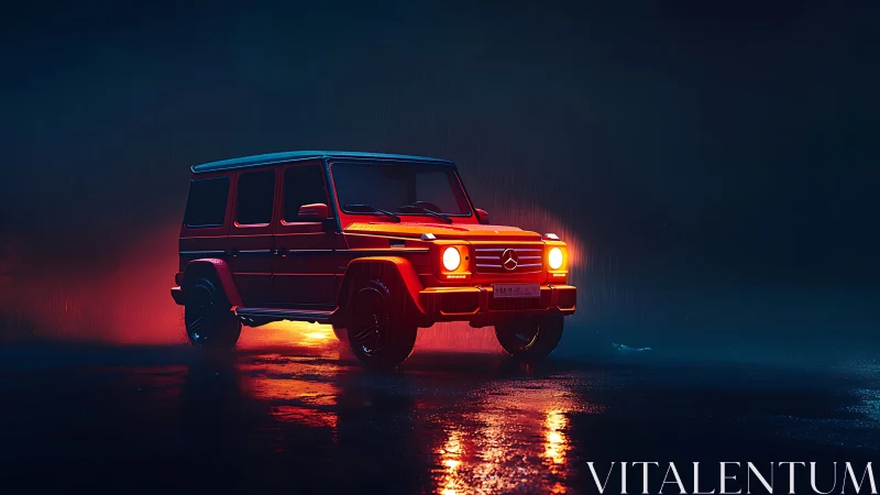 Neon-lit red SUV prowls through moody midnight rainfall.