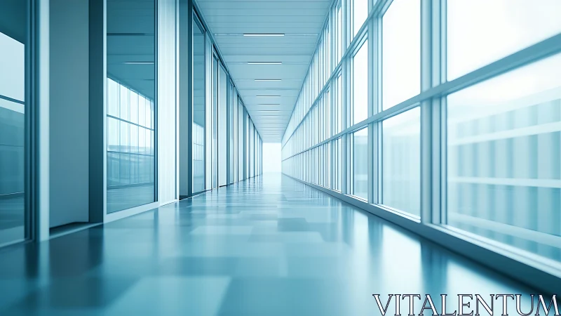 Sunlit glass hallway stretching toward a calm bright horizon.