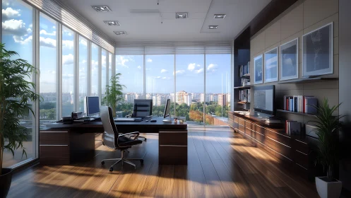 Modern executive office with city view and sleek decor.