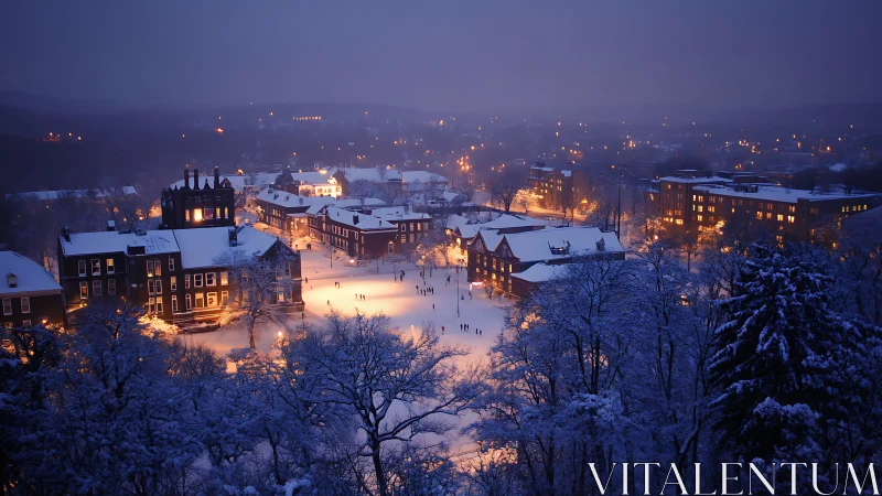 Snow-covered campus square illuminated on winter night.