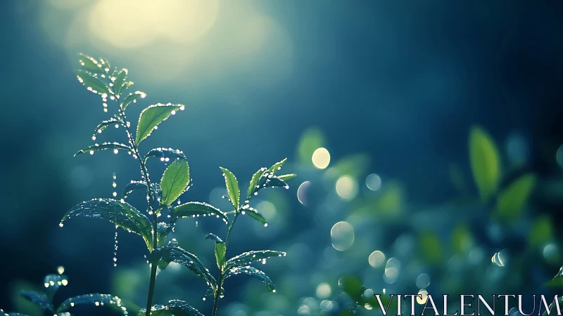 Dawnlit dew sprites dancing on sapphire morning leaves.