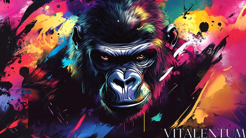 Prismatic gorilla portrait amid explosive neon paint strokes.