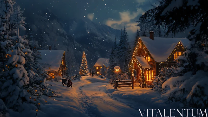 Snow-laden alpine village lane with warm cabin illumination at dusk