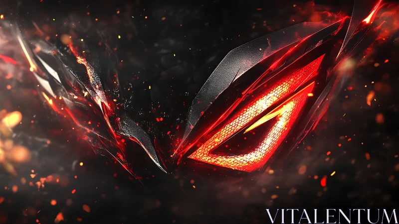 Fiery red emblem glows within dark fragmented metal shards