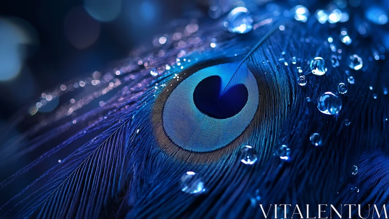 Macro view isolates peacock feather eye with water droplets