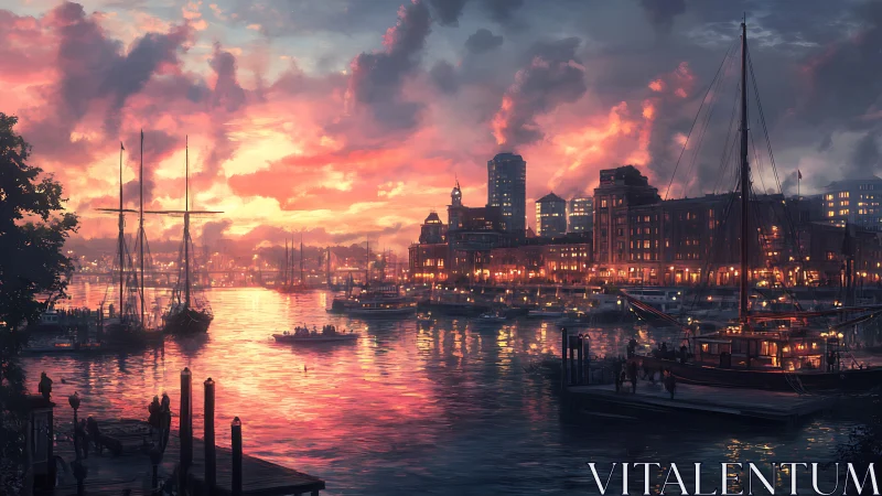 Harbor sunset glow with cozy city lights and calm boats.