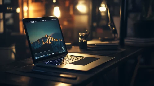 Sleek laptop glows on cozy wooden desk at night.