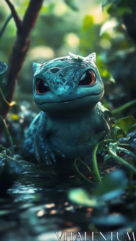 Gentle forest reptile peeking curiously from the stream.