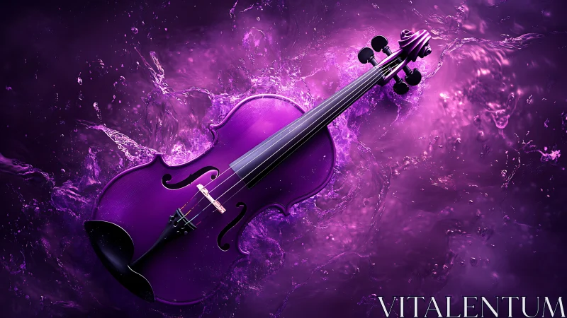 Violet violin adrift in swirling neon waves of liquid sound.