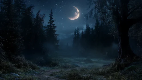 Crescent Moon Over Coniferous Forest At Night