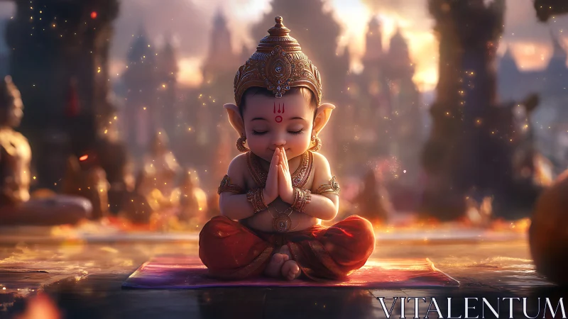 Childlike deity statue sits praying on temple floor at dusk