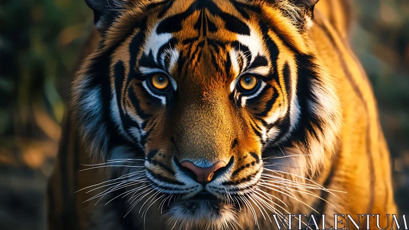 Telephoto frontal tiger portrait with shallow depth-of-field.