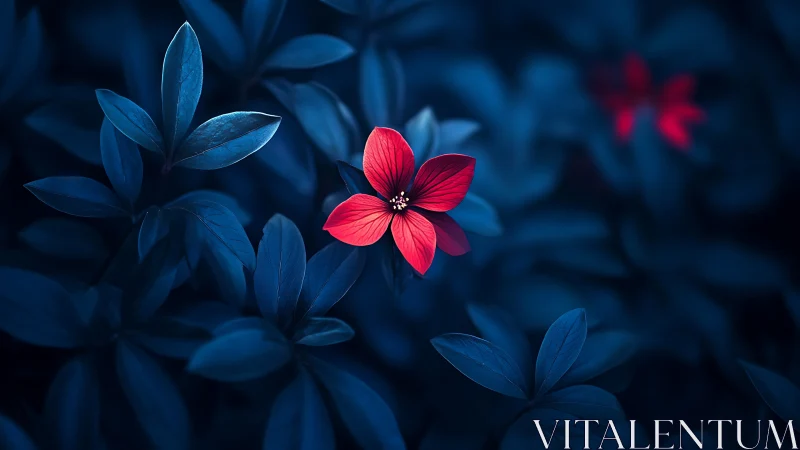Red Flower Blooms Against Deep Blue Foliage.