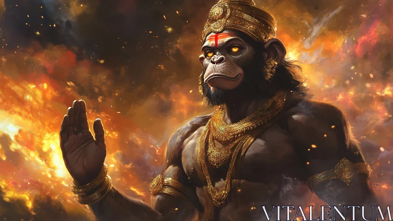 Divine simian guardian rises in firelit celestial storm.