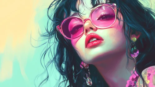 Bold pink sunglasses frame a confident, colorful gaze