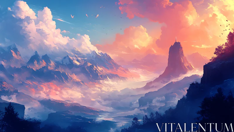 Sunrise over dreamlike mountains and a lone skyward spire.