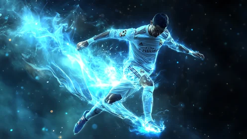 Glowing soccer star leaping through swirling electric light.