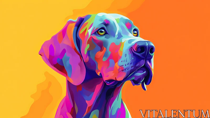 Color-saturated dog portrait on dual-tone warm backdrop.