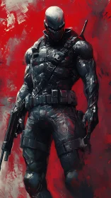 Digital painting of armored cyber-operator on scarlet field.