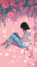 Seated figure under floral canopy casts patterned shadows