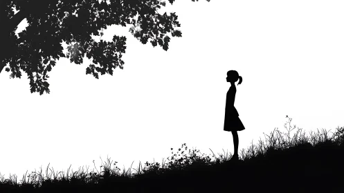 Girl silhouette stands under solitary tree on grassy slope