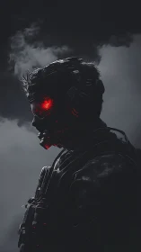 Cybernetic soldier profile with glowing red ocular core.