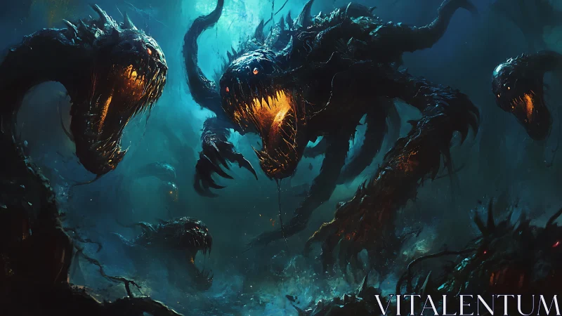 Abyssal hydra demons lunging through glowing deep sea.