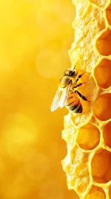 Honeybee clings to golden honeycomb in radiant sunlight glow