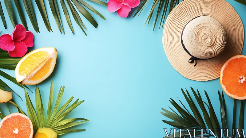 Summer straw hat with citrus slices on turquoise backdrop.