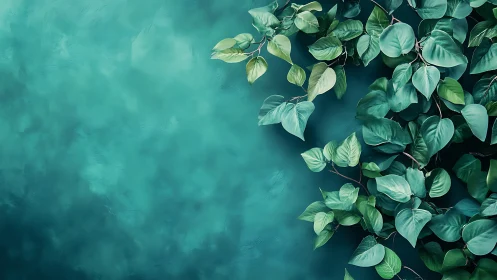 Lush green foliage overlays a textured teal abstract ground