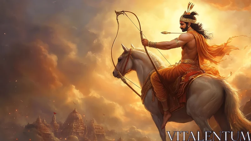 Warrior archer on white horse under blazing mythic sky.