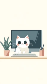 Cute Cat Working at Desk with Computer Setup.