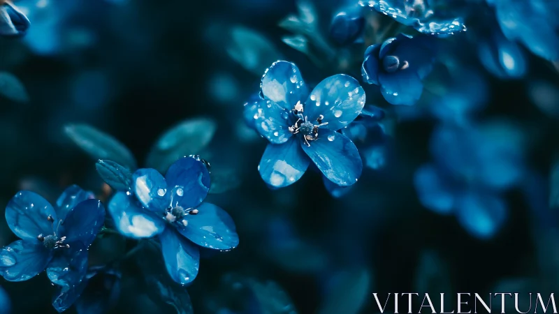 Blue flowers with water droplets in sharp focus detail.