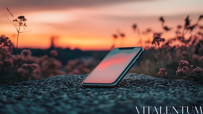 Smartphone displays sunset on desert ground with wildflowers