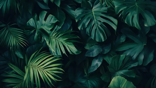 Shadow-drenched jungle leaves weaving a lush green tapestry.