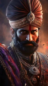 Regal Indian monarch in jeweled turban under cinematic light.