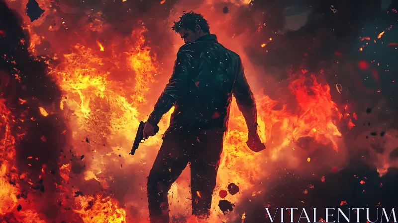 A Solitary Hero Stands Resolute Amid Raging Flames.