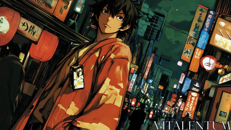 Young man walks through neon lit urban street at night