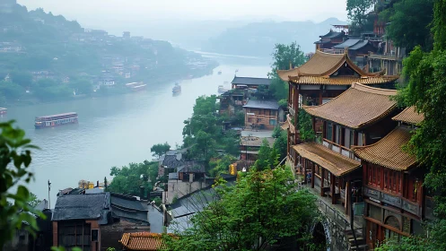 River mist cradles terraced temples above a winding harbor
