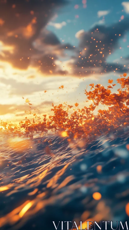 Golden petals erupt above sunlit ocean waves at dusk